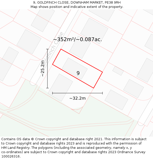 9, GOLDFINCH CLOSE, DOWNHAM MARKET, PE38 9RH: Plot and title map