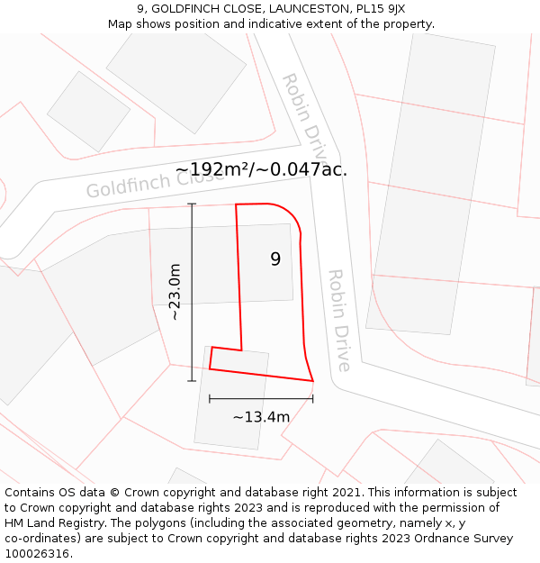 9, GOLDFINCH CLOSE, LAUNCESTON, PL15 9JX: Plot and title map