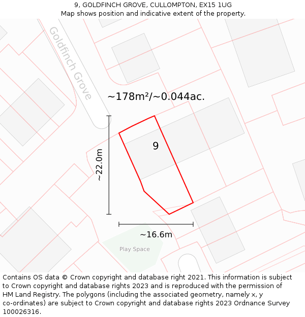 9, GOLDFINCH GROVE, CULLOMPTON, EX15 1UG: Plot and title map