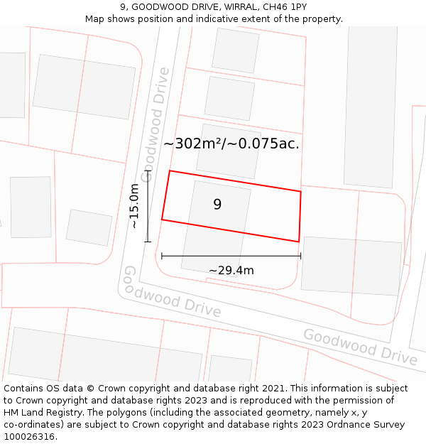 9, GOODWOOD DRIVE, WIRRAL, CH46 1PY: Plot and title map