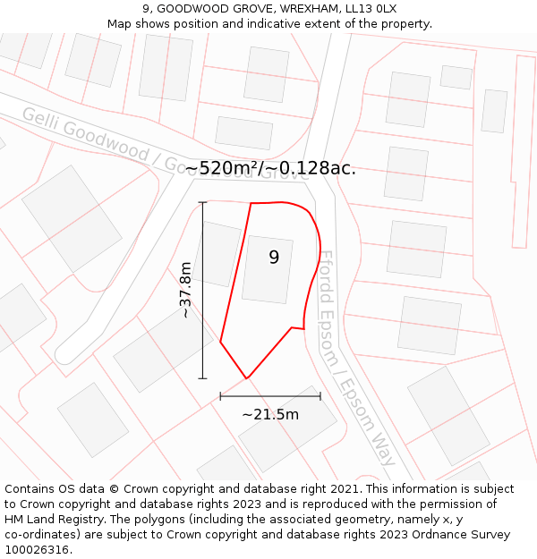 9, GOODWOOD GROVE, WREXHAM, LL13 0LX: Plot and title map