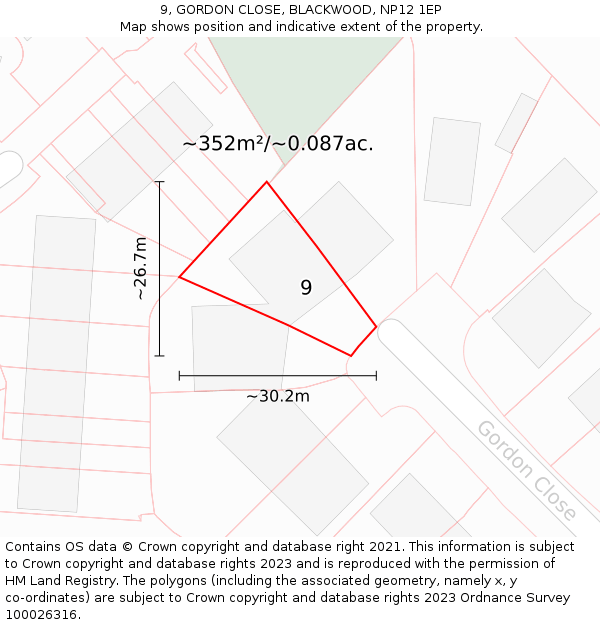 9, GORDON CLOSE, BLACKWOOD, NP12 1EP: Plot and title map