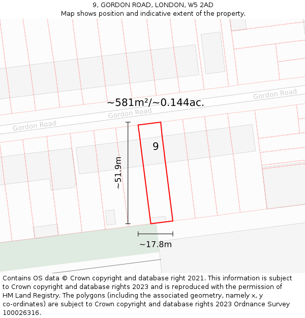 9, GORDON ROAD, LONDON, W5 2AD: Plot and title map