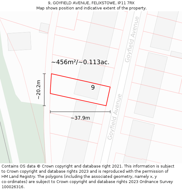 9, GOYFIELD AVENUE, FELIXSTOWE, IP11 7RX: Plot and title map