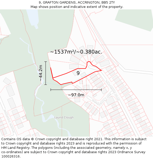 9, GRAFTON GARDENS, ACCRINGTON, BB5 2TY: Plot and title map