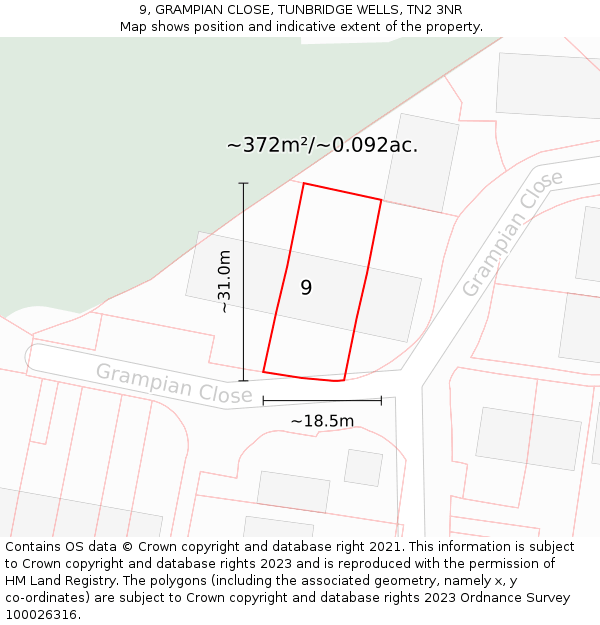 9, GRAMPIAN CLOSE, TUNBRIDGE WELLS, TN2 3NR: Plot and title map