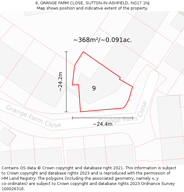 9, GRANGE FARM CLOSE, SUTTON-IN-ASHFIELD, NG17 1NJ: Plot and title map