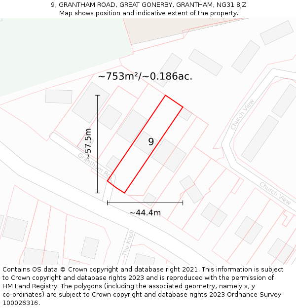 9, GRANTHAM ROAD, GREAT GONERBY, GRANTHAM, NG31 8JZ: Plot and title map