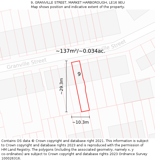9, GRANVILLE STREET, MARKET HARBOROUGH, LE16 9EU: Plot and title map