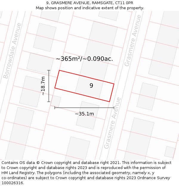 9, GRASMERE AVENUE, RAMSGATE, CT11 0PR: Plot and title map