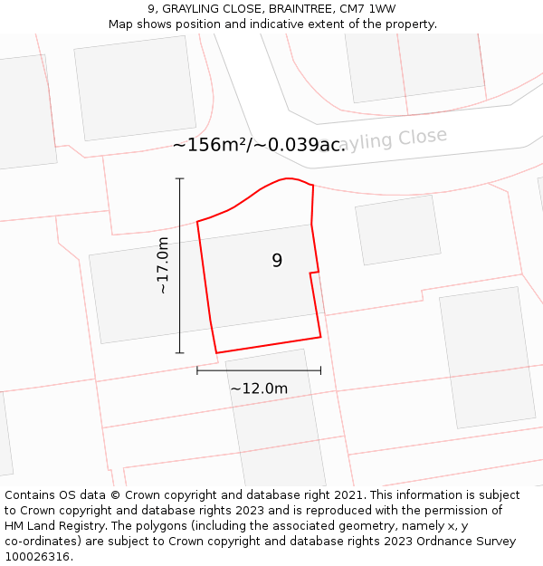 9, GRAYLING CLOSE, BRAINTREE, CM7 1WW: Plot and title map