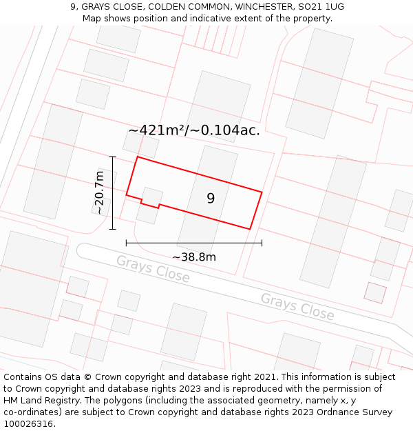 9, GRAYS CLOSE, COLDEN COMMON, WINCHESTER, SO21 1UG: Plot and title map