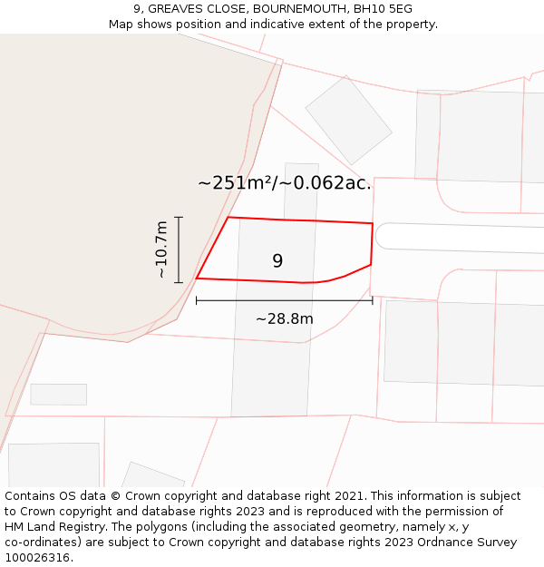 9, GREAVES CLOSE, BOURNEMOUTH, BH10 5EG: Plot and title map