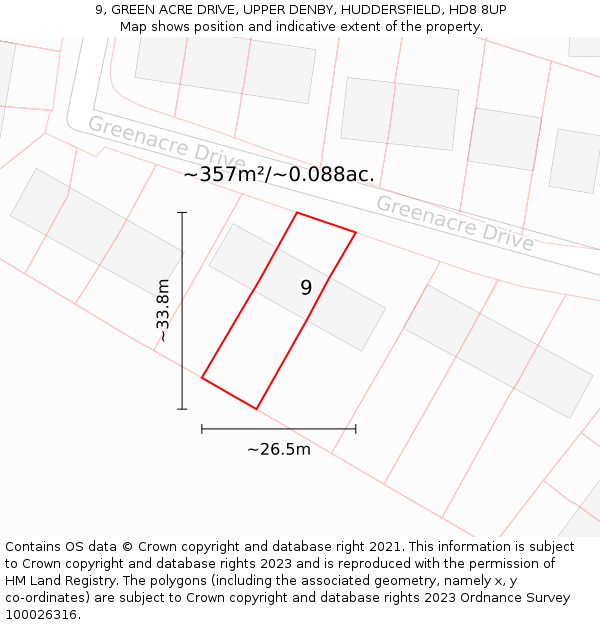 9, GREEN ACRE DRIVE, UPPER DENBY, HUDDERSFIELD, HD8 8UP: Plot and title map