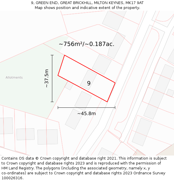 9, GREEN END, GREAT BRICKHILL, MILTON KEYNES, MK17 9AT: Plot and title map