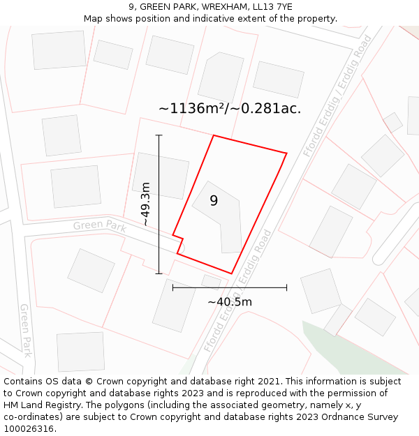 9, GREEN PARK, WREXHAM, LL13 7YE: Plot and title map