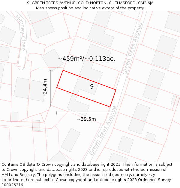 9, GREEN TREES AVENUE, COLD NORTON, CHELMSFORD, CM3 6JA: Plot and title map