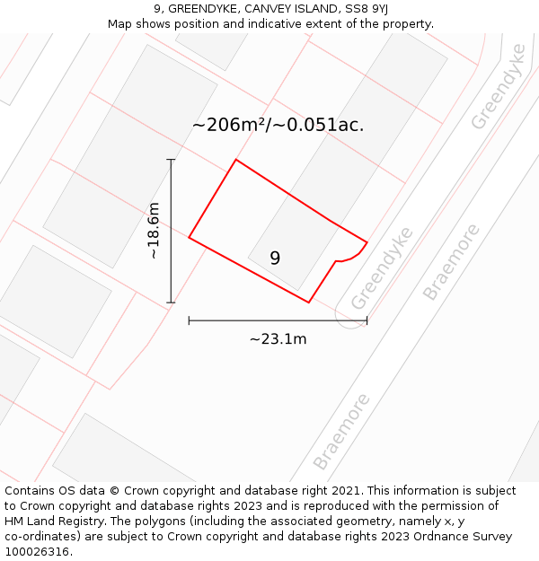 9, GREENDYKE, CANVEY ISLAND, SS8 9YJ: Plot and title map