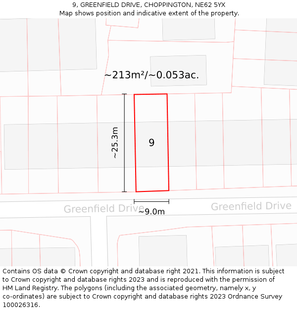 9, GREENFIELD DRIVE, CHOPPINGTON, NE62 5YX: Plot and title map