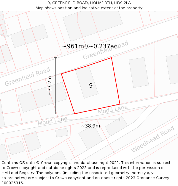 9, GREENFIELD ROAD, HOLMFIRTH, HD9 2LA: Plot and title map