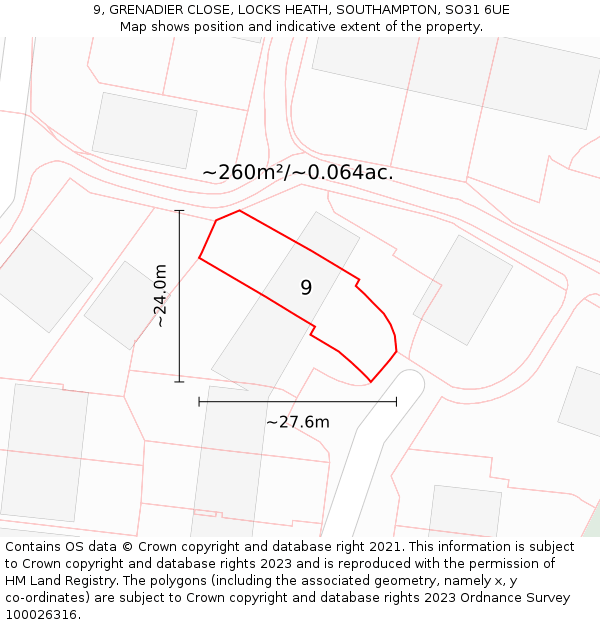 9, GRENADIER CLOSE, LOCKS HEATH, SOUTHAMPTON, SO31 6UE: Plot and title map