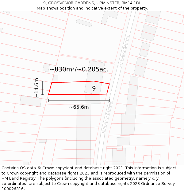 9, GROSVENOR GARDENS, UPMINSTER, RM14 1DL: Plot and title map