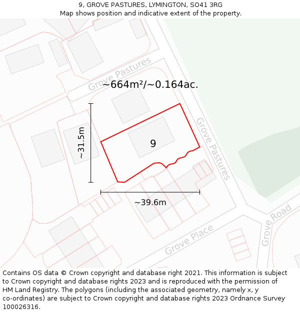 9, GROVE PASTURES, LYMINGTON, SO41 3RG: Plot and title map