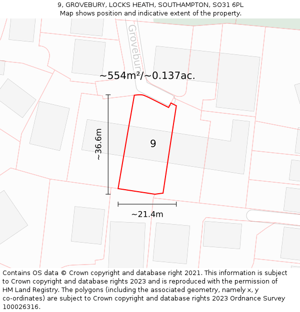 9, GROVEBURY, LOCKS HEATH, SOUTHAMPTON, SO31 6PL: Plot and title map