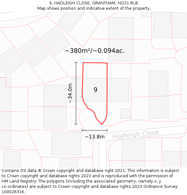 9, HADLEIGH CLOSE, GRANTHAM, NG31 8UE: Plot and title map