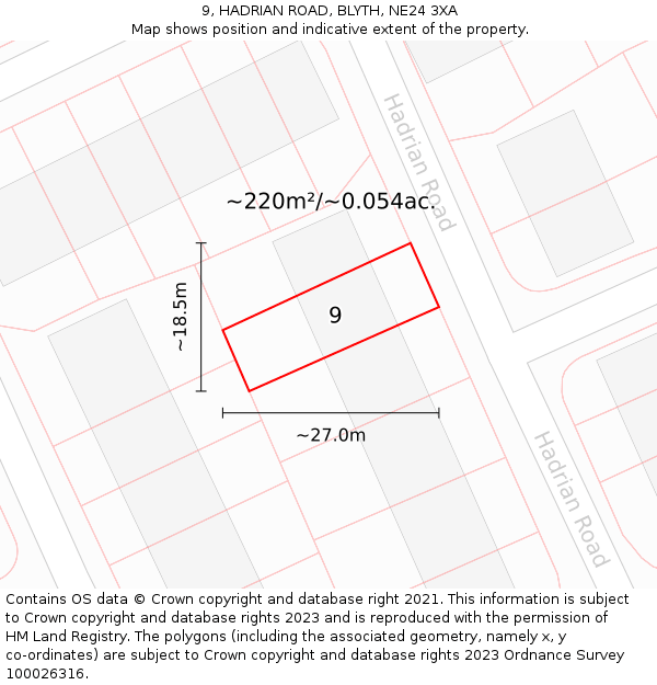 9, HADRIAN ROAD, BLYTH, NE24 3XA: Plot and title map