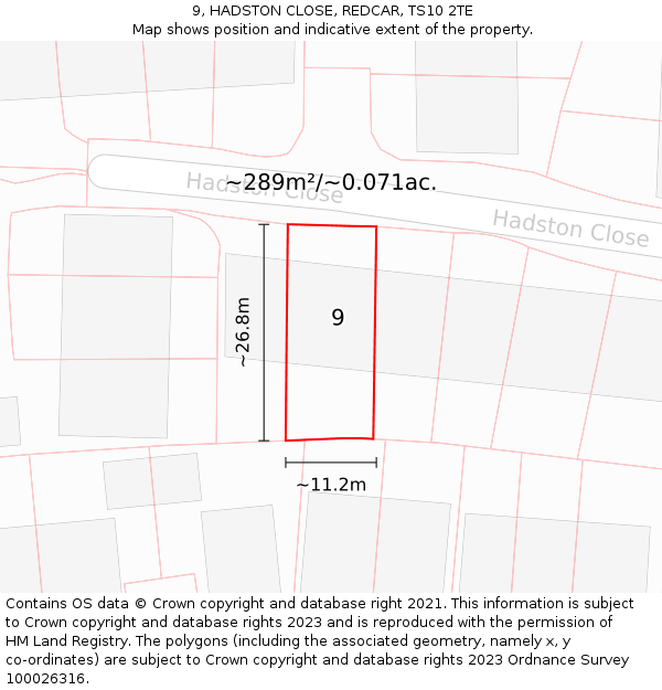 9, HADSTON CLOSE, REDCAR, TS10 2TE: Plot and title map