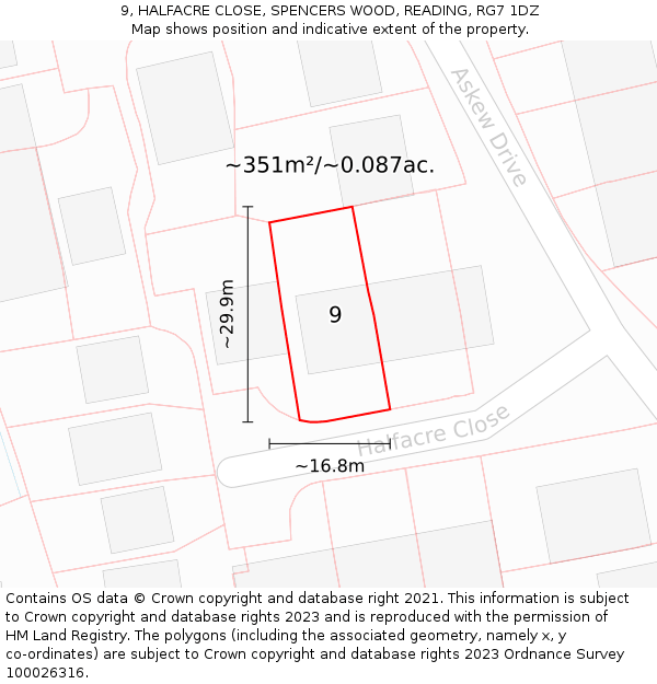 9, HALFACRE CLOSE, SPENCERS WOOD, READING, RG7 1DZ: Plot and title map