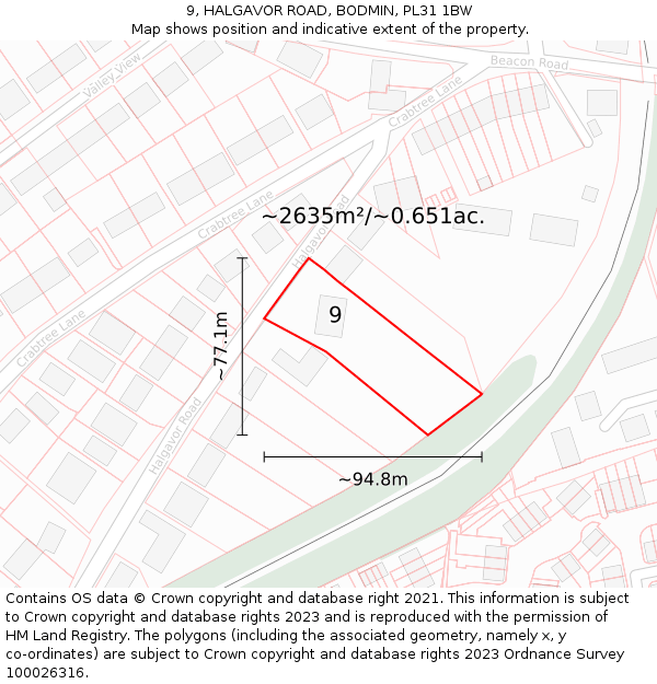 9, HALGAVOR ROAD, BODMIN, PL31 1BW: Plot and title map