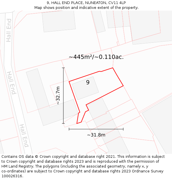 9, HALL END PLACE, NUNEATON, CV11 4LP: Plot and title map