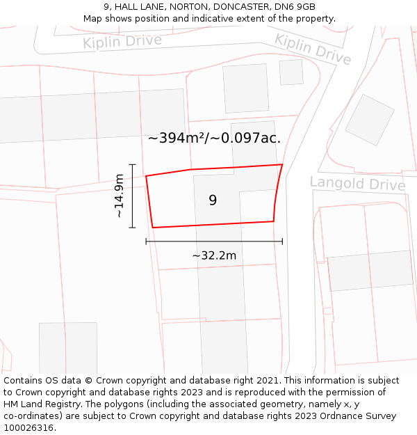 9, HALL LANE, NORTON, DONCASTER, DN6 9GB: Plot and title map