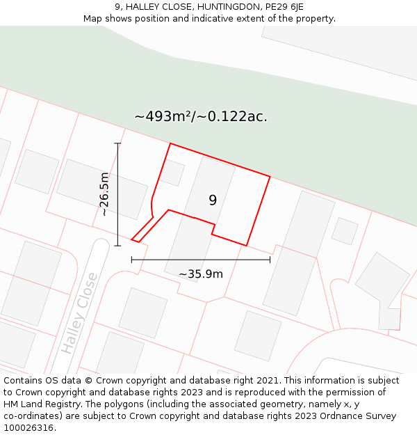 9, HALLEY CLOSE, HUNTINGDON, PE29 6JE: Plot and title map