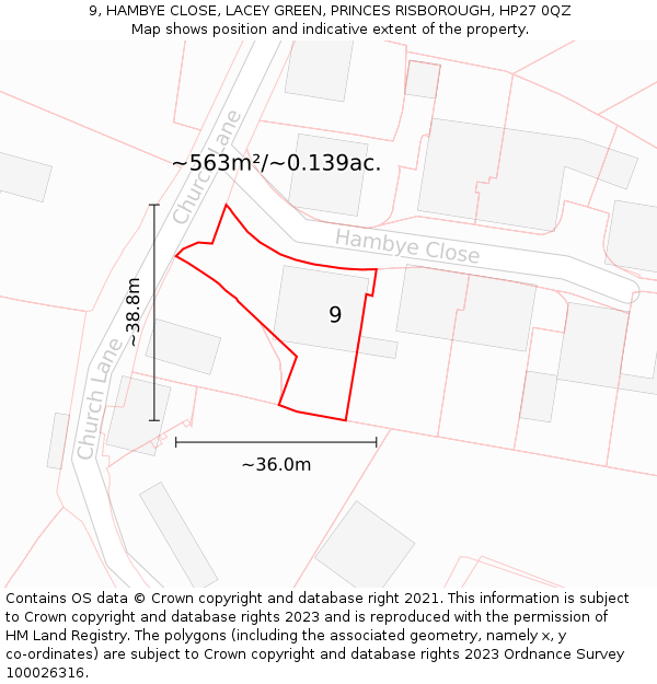 9, HAMBYE CLOSE, LACEY GREEN, PRINCES RISBOROUGH, HP27 0QZ: Plot and title map