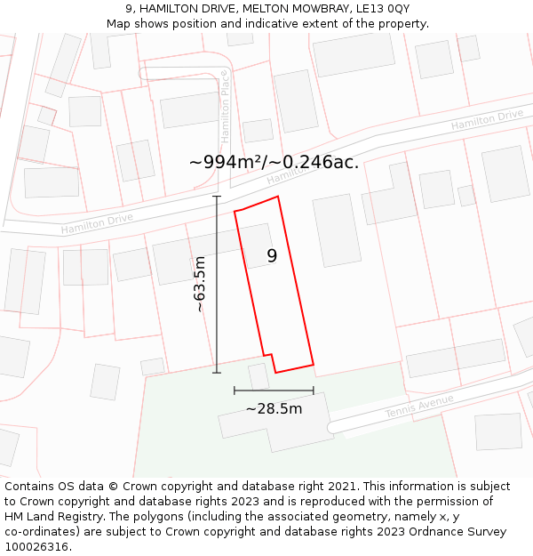 9, HAMILTON DRIVE, MELTON MOWBRAY, LE13 0QY: Plot and title map