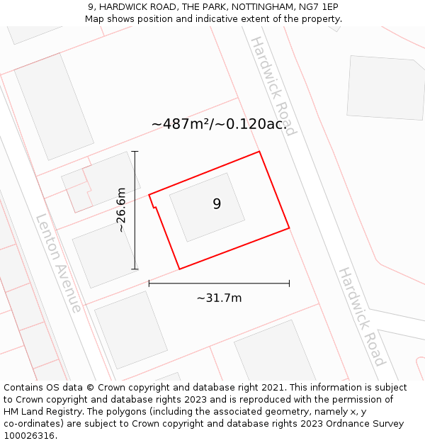 9, HARDWICK ROAD, THE PARK, NOTTINGHAM, NG7 1EP: Plot and title map