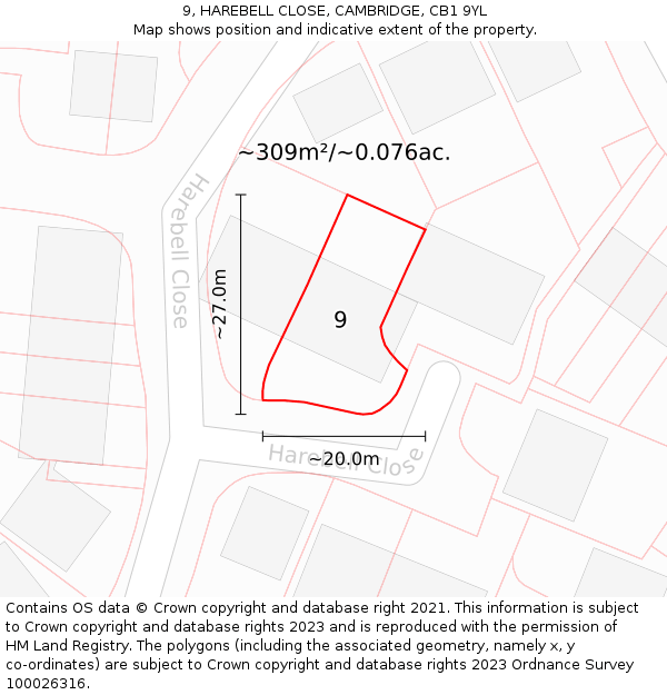 9, HAREBELL CLOSE, CAMBRIDGE, CB1 9YL: Plot and title map