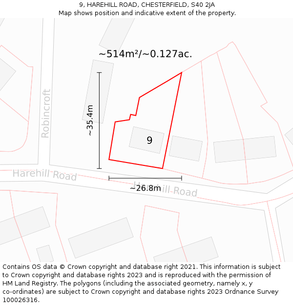 9, HAREHILL ROAD, CHESTERFIELD, S40 2JA: Plot and title map