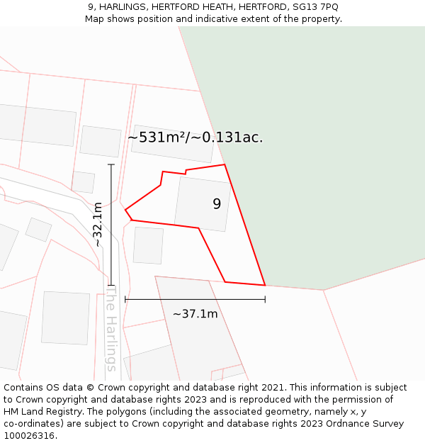 9, HARLINGS, HERTFORD HEATH, HERTFORD, SG13 7PQ: Plot and title map