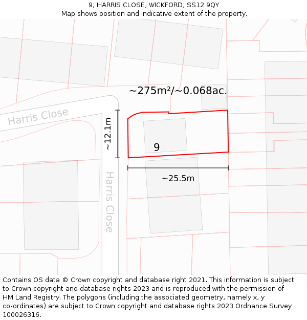 9, HARRIS CLOSE, WICKFORD, SS12 9QY: Plot and title map