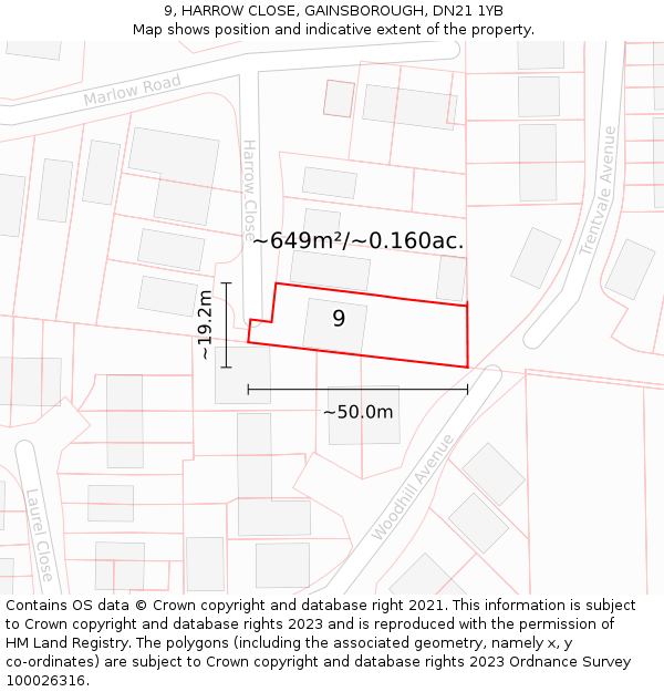 9, HARROW CLOSE, GAINSBOROUGH, DN21 1YB: Plot and title map