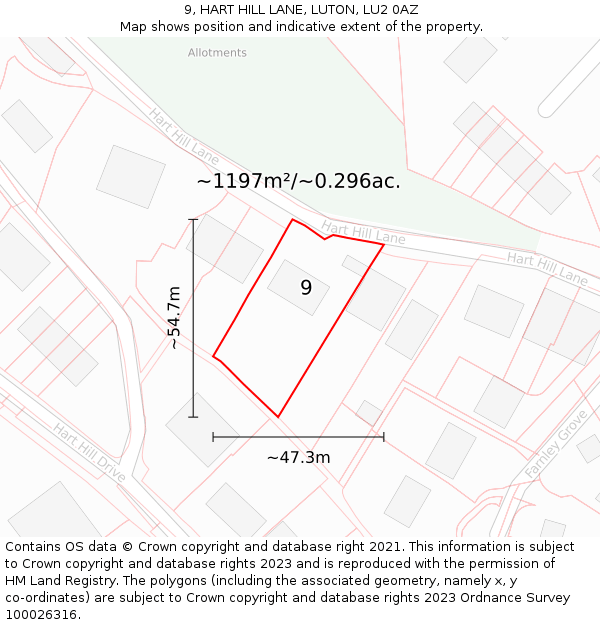 9, HART HILL LANE, LUTON, LU2 0AZ: Plot and title map