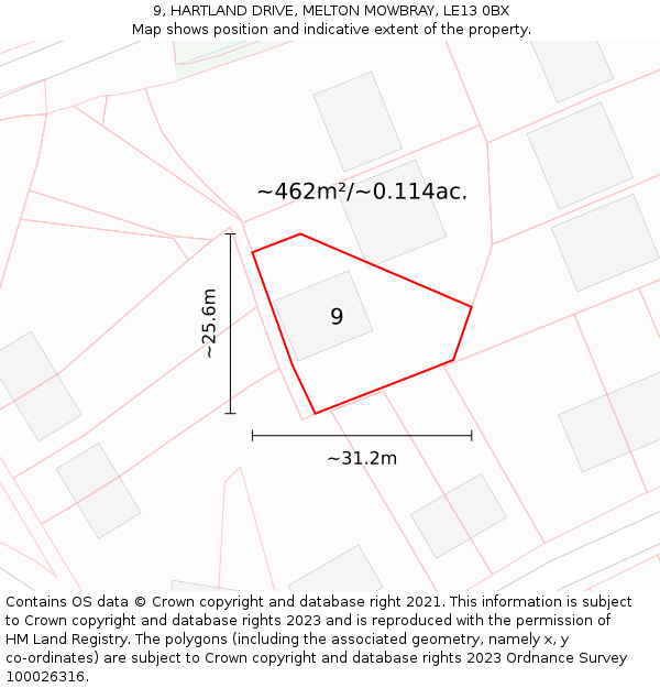 9, HARTLAND DRIVE, MELTON MOWBRAY, LE13 0BX: Plot and title map