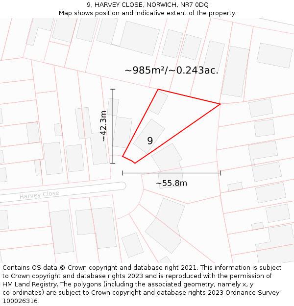 9, HARVEY CLOSE, NORWICH, NR7 0DQ: Plot and title map