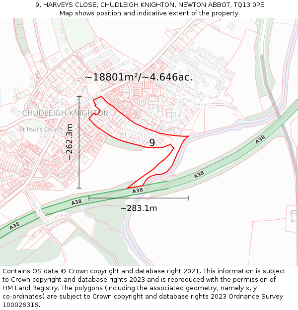 9, HARVEYS CLOSE, CHUDLEIGH KNIGHTON, NEWTON ABBOT, TQ13 0PE: Plot and title map