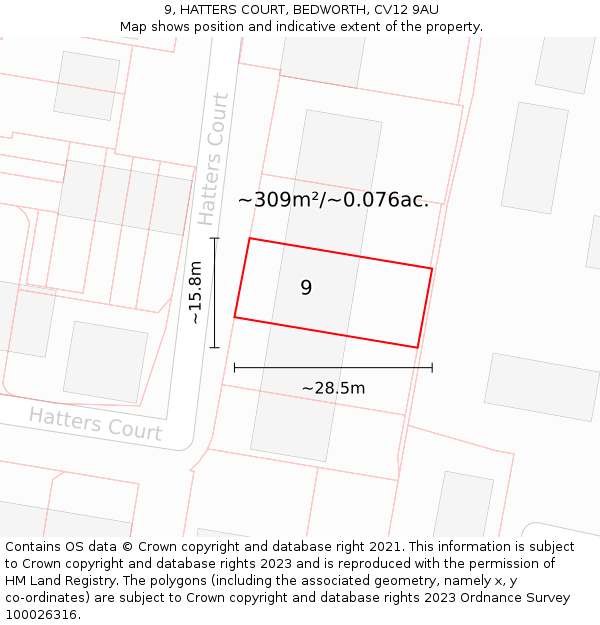 9, HATTERS COURT, BEDWORTH, CV12 9AU: Plot and title map