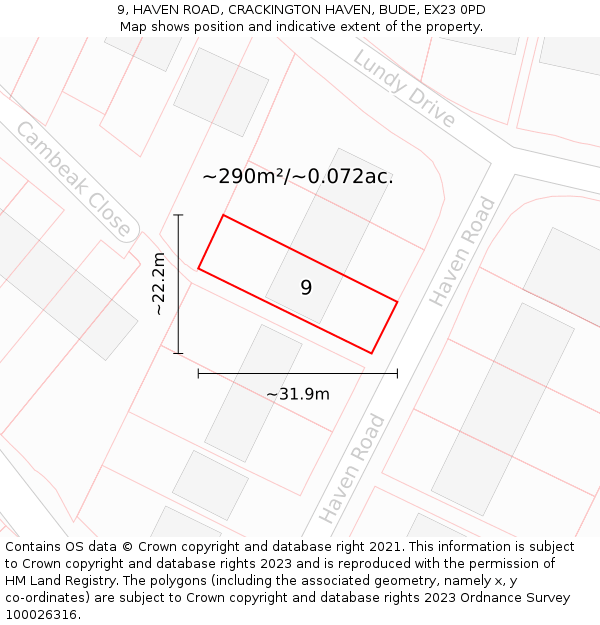 9, HAVEN ROAD, CRACKINGTON HAVEN, BUDE, EX23 0PD: Plot and title map